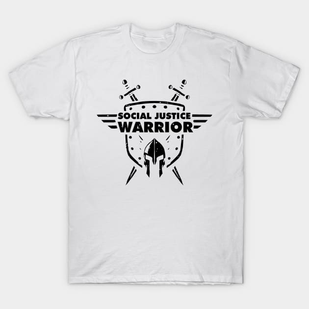 Social Justice Warrior (SJW) - funny shield, helmet and swords warrior T-Shirt by A Comic Wizard